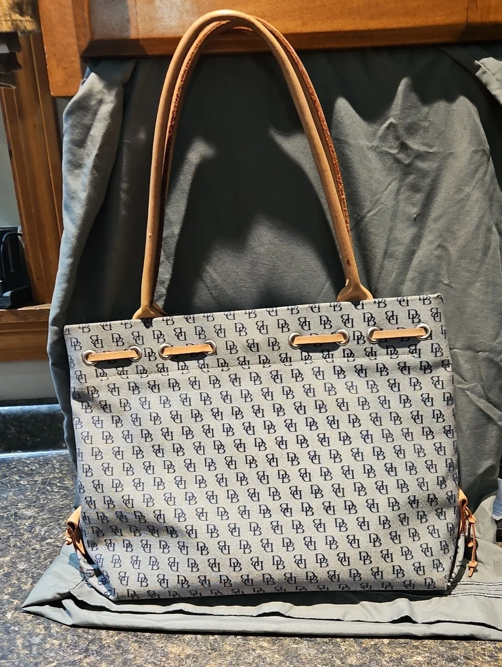 Dooney &  BourkeDesigner-Inspired Navy Monogram Tote with Tan Leather Trim